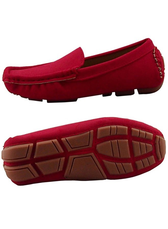 DADAWEN Girl's Boy's Soft Suede Leather Slip-on Oxford Flats Comfort Loafer Boat Dress Shoes, Red, 1.5 Little Kid - Image 5