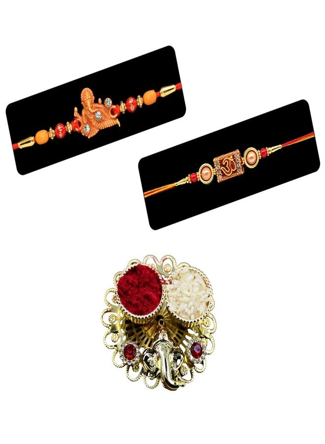 Natali Traders Ganesha Rakhi for Brother and OM Rakhi for Bhaiya Combo Pack of 2 - Ganesh Ji Chopra with Roli Chawal Pack - Religious Rakhee for Elder, Younger Brother - Image 1