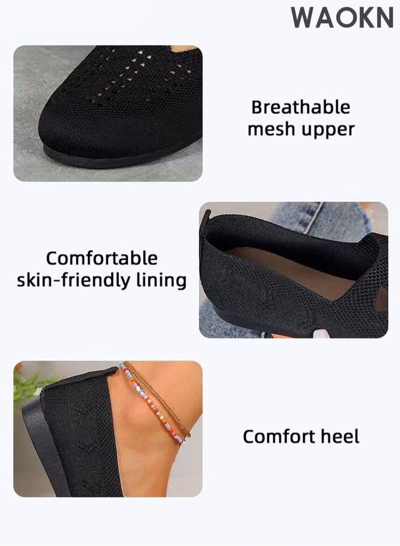 دبليو أيه أو كي أن حذاء مسطح نسائي شبكي بمقدمة مفتوحة، حذاء خفيف الوزن مريح وسهل الارتداء، حذاء مسطح محبوك، حذاء للمشي بمقدمة مستديرة مغلقة، ملابس خارجية كاجوال أنيقة للصيف باللون الأسود - Image 5