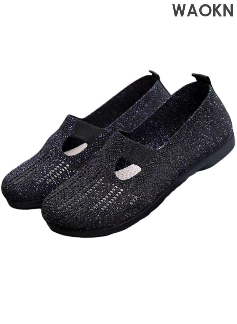 دبليو أيه أو كي أن حذاء مسطح نسائي شبكي بمقدمة مفتوحة، حذاء خفيف الوزن مريح وسهل الارتداء، حذاء مسطح محبوك، حذاء للمشي بمقدمة مستديرة مغلقة، ملابس خارجية كاجوال أنيقة للصيف باللون الأسود - Image 1