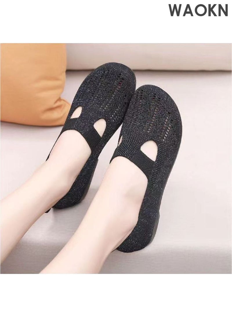 دبليو أيه أو كي أن حذاء مسطح نسائي شبكي بمقدمة مفتوحة، حذاء خفيف الوزن مريح وسهل الارتداء، حذاء مسطح محبوك، حذاء للمشي بمقدمة مستديرة مغلقة، ملابس خارجية كاجوال أنيقة للصيف باللون الأسود - Image 4