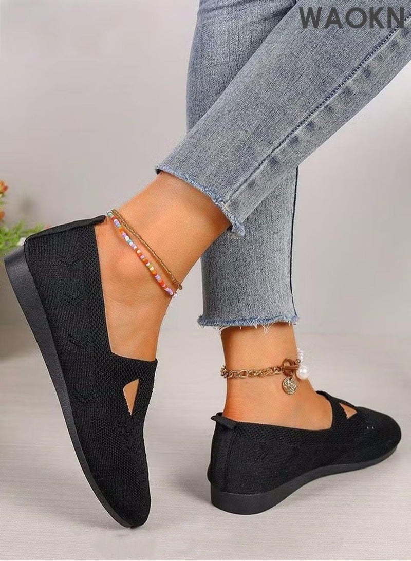 دبليو أيه أو كي أن حذاء مسطح نسائي شبكي بمقدمة مفتوحة، حذاء خفيف الوزن مريح وسهل الارتداء، حذاء مسطح محبوك، حذاء للمشي بمقدمة مستديرة مغلقة، ملابس خارجية كاجوال أنيقة للصيف باللون الأسود - Image 2