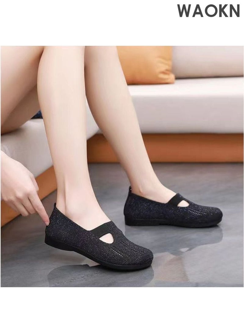 دبليو أيه أو كي أن حذاء مسطح نسائي شبكي بمقدمة مفتوحة، حذاء خفيف الوزن مريح وسهل الارتداء، حذاء مسطح محبوك، حذاء للمشي بمقدمة مستديرة مغلقة، ملابس خارجية كاجوال أنيقة للصيف باللون الأسود - Image 3