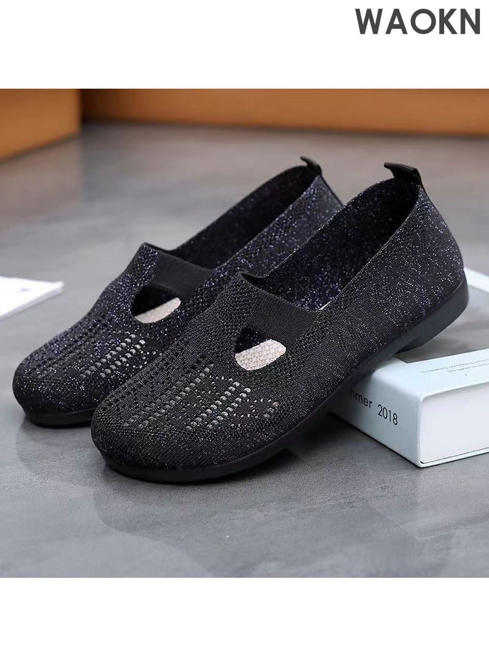 WAOKN Women's Mesh Cap Toe Flats Shoes Lightweight Comfortable Loafers Breathable Slip on Shoes Knitted Flat Shoes Walking Shoes with Closed Round Toe Casual Outside Wear Fashion For Summer Black