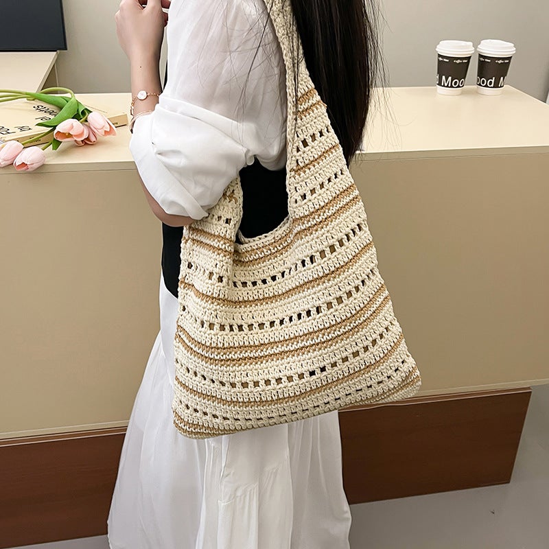 Minimalist Artistic Woven Tote Bag For Women 2025 Summer Trend Fashion Hollow Striped Versatile Shoulder Underarm Bag - Image 4