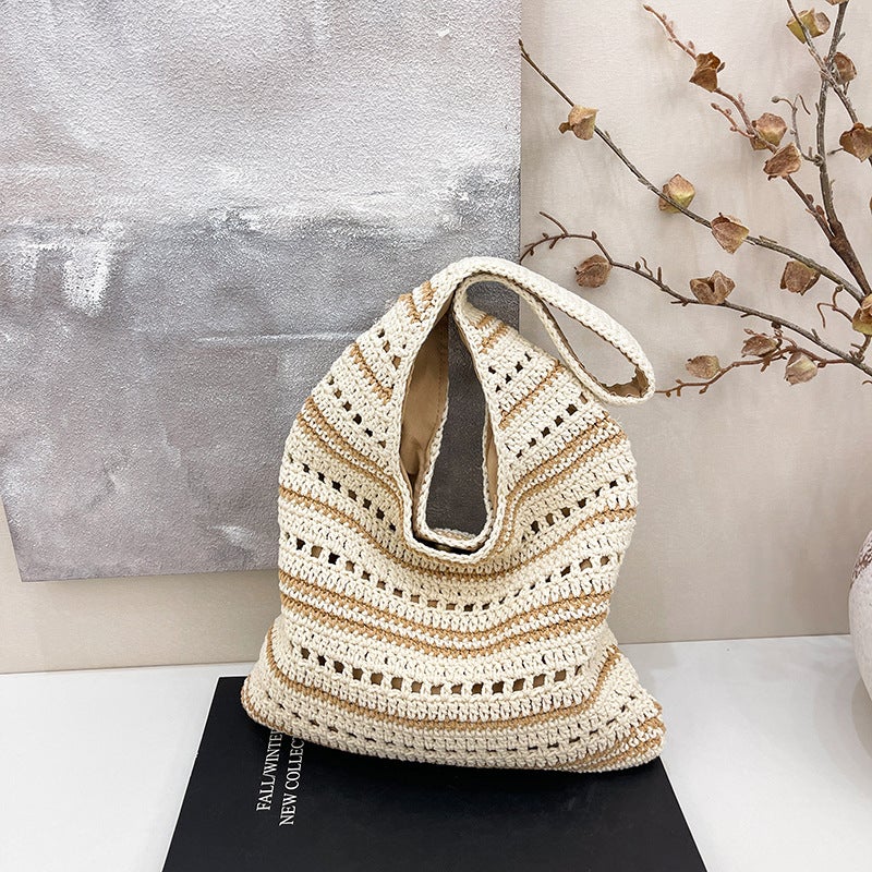Minimalist Artistic Woven Tote Bag For Women 2025 Summer Trend Fashion Hollow Striped Versatile Shoulder Underarm Bag - Image 3