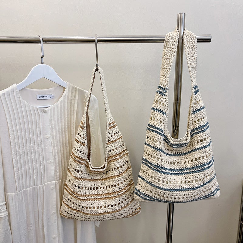 Minimalist Artistic Woven Tote Bag For Women 2025 Summer Trend Fashion Hollow Striped Versatile Shoulder Underarm Bag - Image 5
