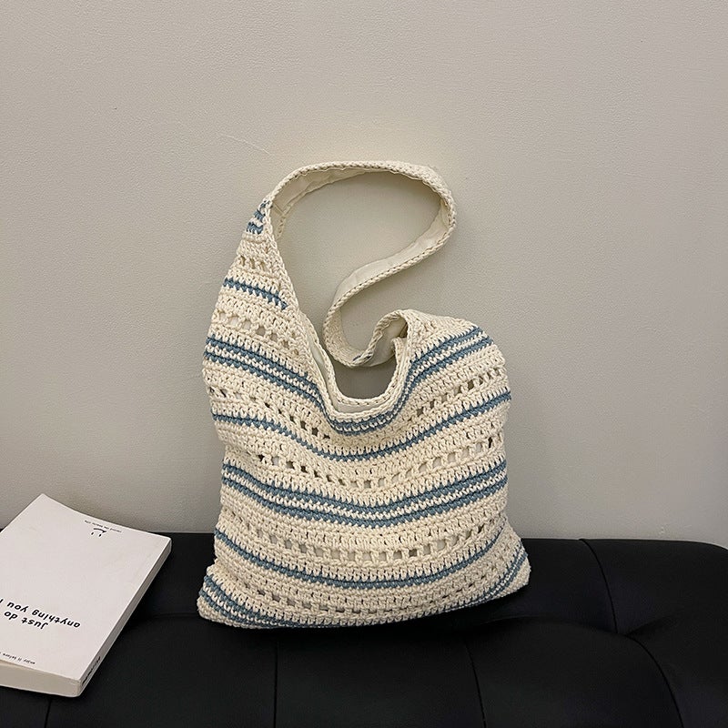 Minimalist Artistic Woven Tote Bag For Women 2025 Summer Trend Fashion Hollow Striped Versatile Shoulder Underarm Bag - Image 2