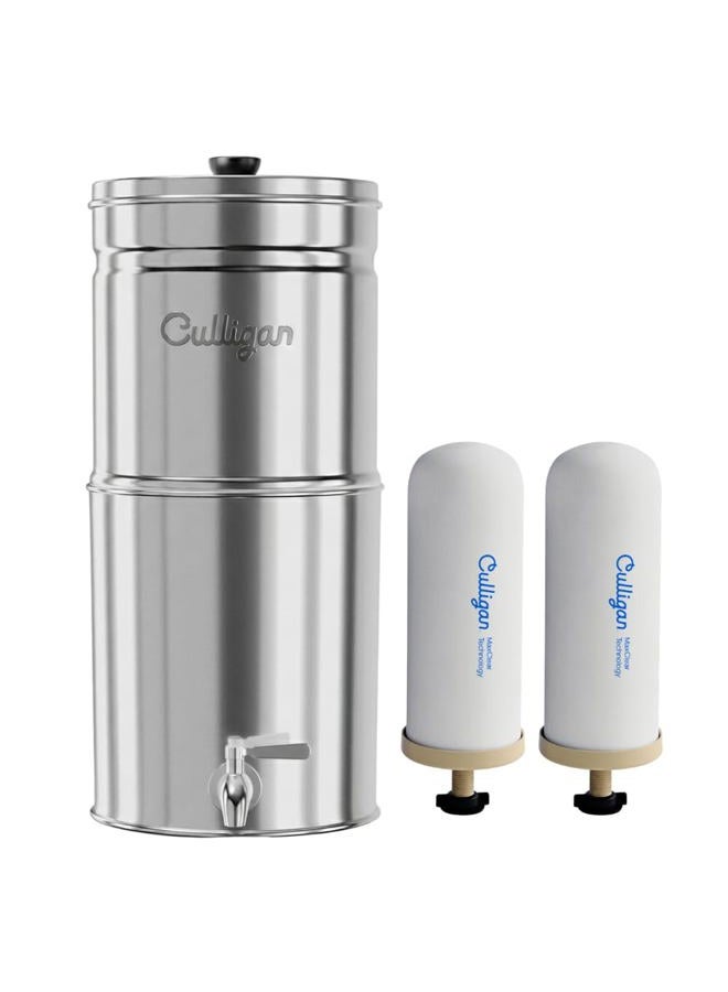 Culligan نظام فلترة المياه بالجاذبية بسعة 2.25 جالون مع تقنية ماكس كلير، فلتر مياه سيراميك مصقول معتمد من NSF/ANSI لتقليل الرصاص والميكرو بلاستيك وإجمالي PFAS، مع 2 فلتر - Image 1