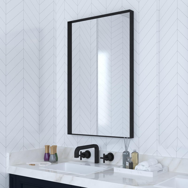 VocalStar Black Metal Framed Bathroom Mirror for Wall 18 x 26 Inch Square Corner Rectangle Black Bathroom Vanity Mirror Modern Farmhouse 14inch Shatterproof Glass  UltraFlush Hanging