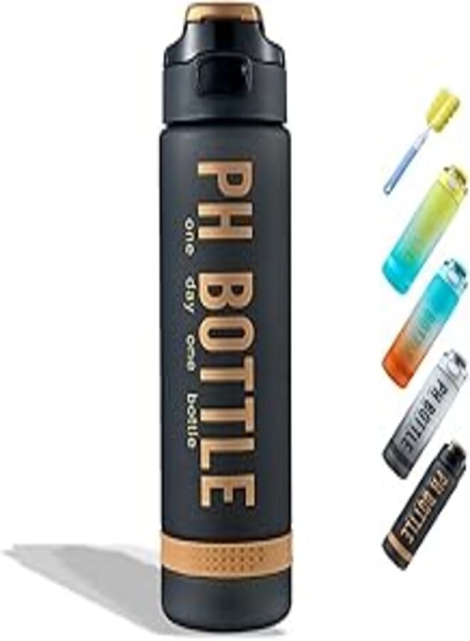 Water Bottle 1000 ml, Motivational Sports Water Bottle 1 Litre with Time Markers, BPA Free, Shatterproof, Portable Sports Bottle for Bike, Camping (Black)
