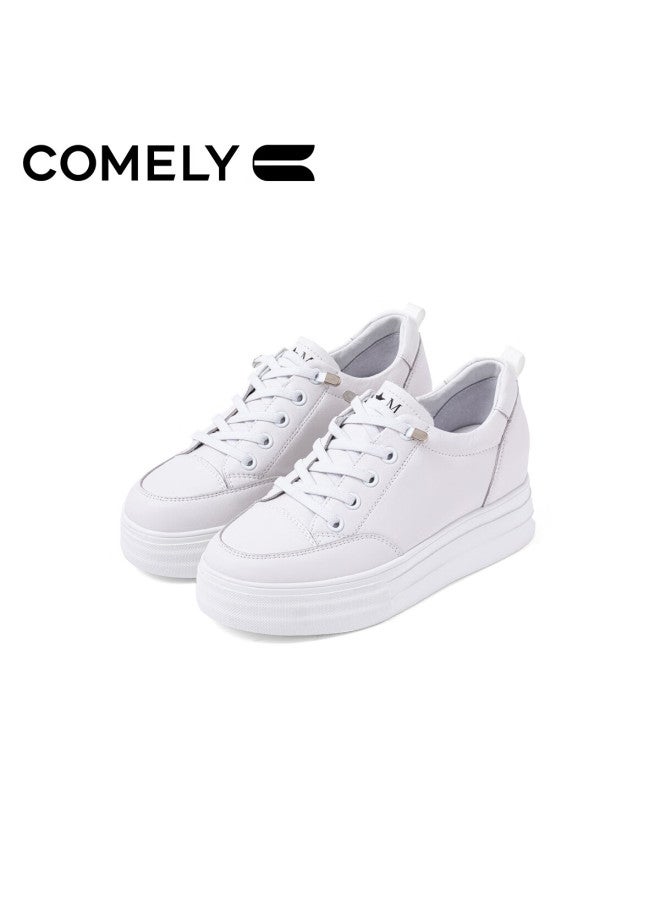 Comely Thick-soled White Sneakers For Women, Spring Round Toe Fashionable Height-increasing Sports Shoes, White-7.5cm, Size 39 - Image 1