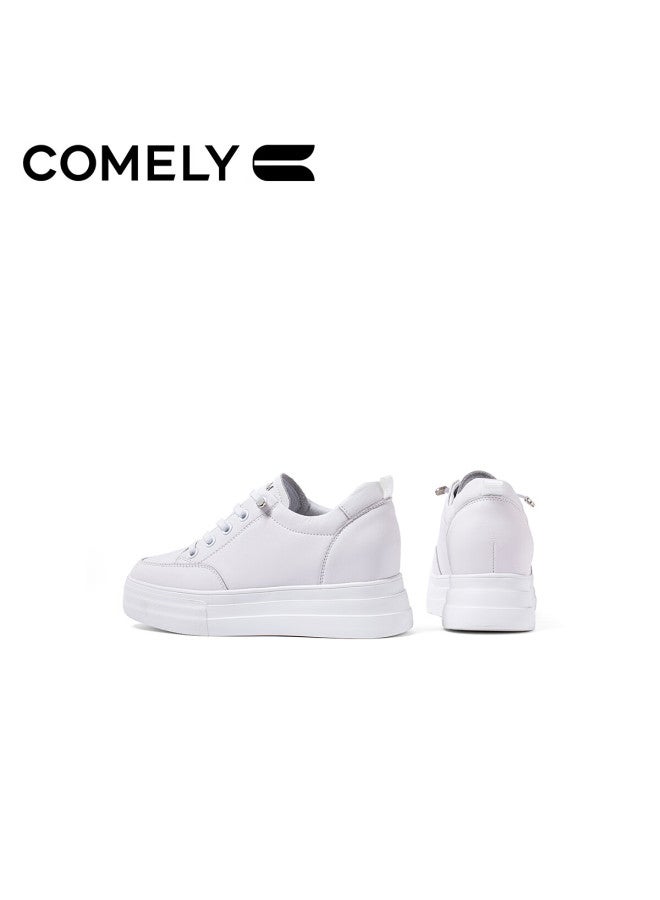 Comely Thick-soled White Sneakers For Women, Spring Round Toe Fashionable Height-increasing Sports Shoes, White-7.5cm, Size 39 - Image 4