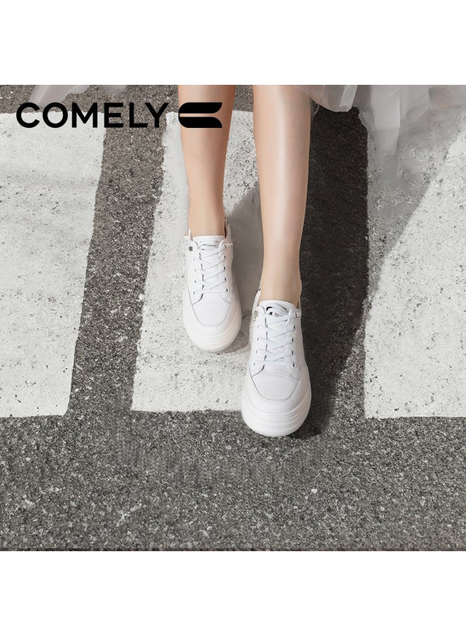 Comely Thick-soled White Sneakers For Women, Spring Round Toe Fashionable Height-increasing Sports Shoes, White-7.5cm, Size 39 - Image 2