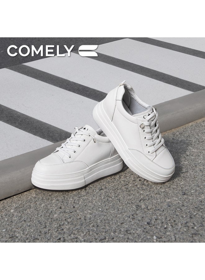 Comely Thick-soled White Sneakers For Women, Spring Round Toe Fashionable Height-increasing Sports Shoes, White-7.5cm, Size 39 - Image 3