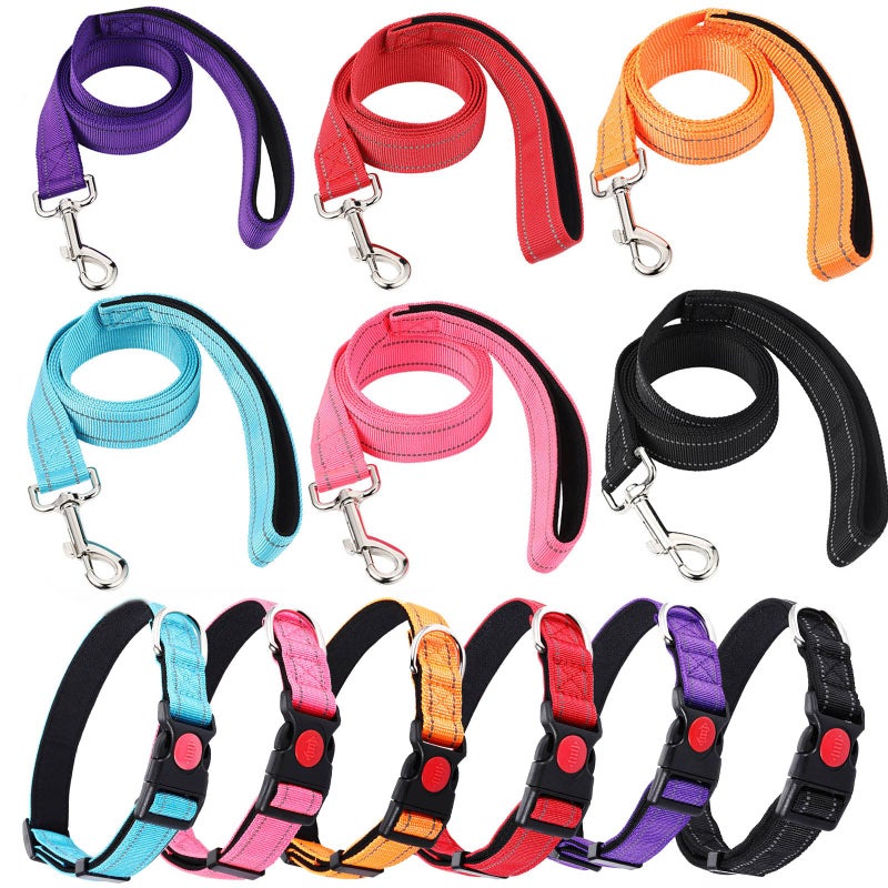 6 Sets Reflective Dog Leash and Collar Set Nylon Leashes Adjustable Dog Collar Heavy Duty Padded Handle Leash for Small Medium Large Dogs Walking TrainingLovely Color