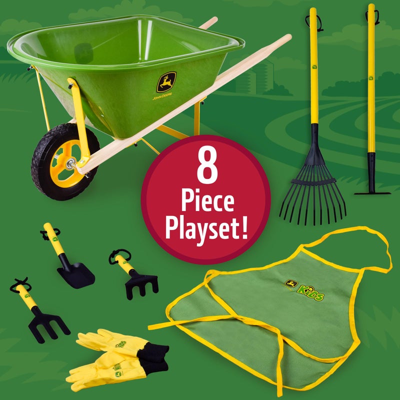 John Deere Deluxe 34" Wheelbarrow and Garden Set Includes 5 Realistic Gardening Tools,Gardening Apron, Gardening Gloves, Large Metal Wheelbarrow with Wooden Handles, Outdoor Toy Ages 5+ - Image 4
