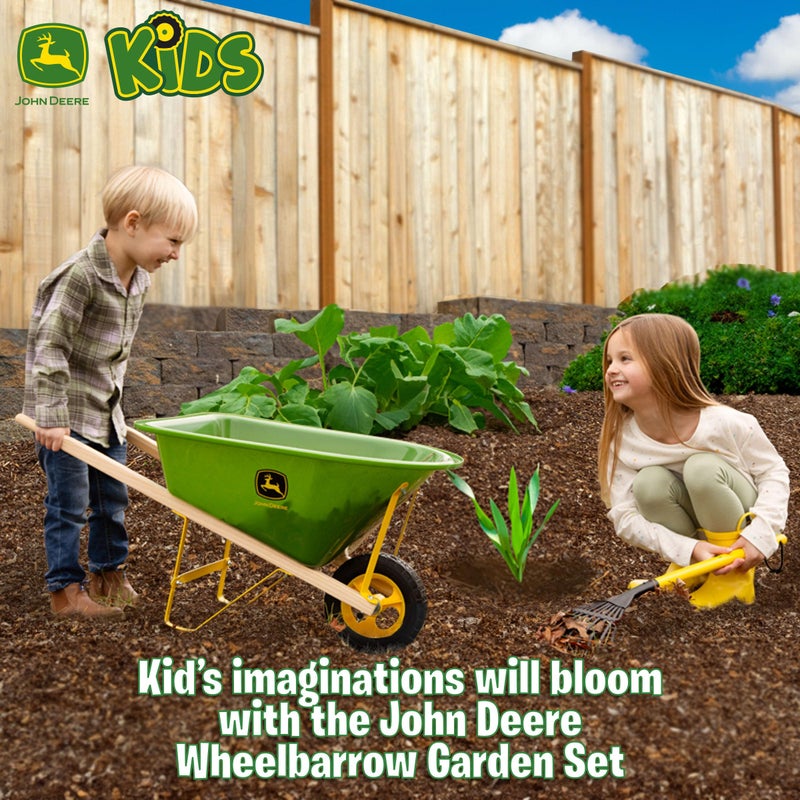 John Deere Deluxe 34" Wheelbarrow and Garden Set Includes 5 Realistic Gardening Tools,Gardening Apron, Gardening Gloves, Large Metal Wheelbarrow with Wooden Handles, Outdoor Toy Ages 5+ - Image 2