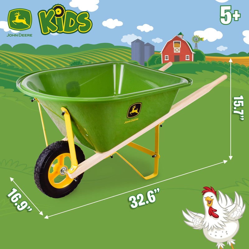 John Deere Deluxe 34" Wheelbarrow and Garden Set Includes 5 Realistic Gardening Tools,Gardening Apron, Gardening Gloves, Large Metal Wheelbarrow with Wooden Handles, Outdoor Toy Ages 5+ - Image 5