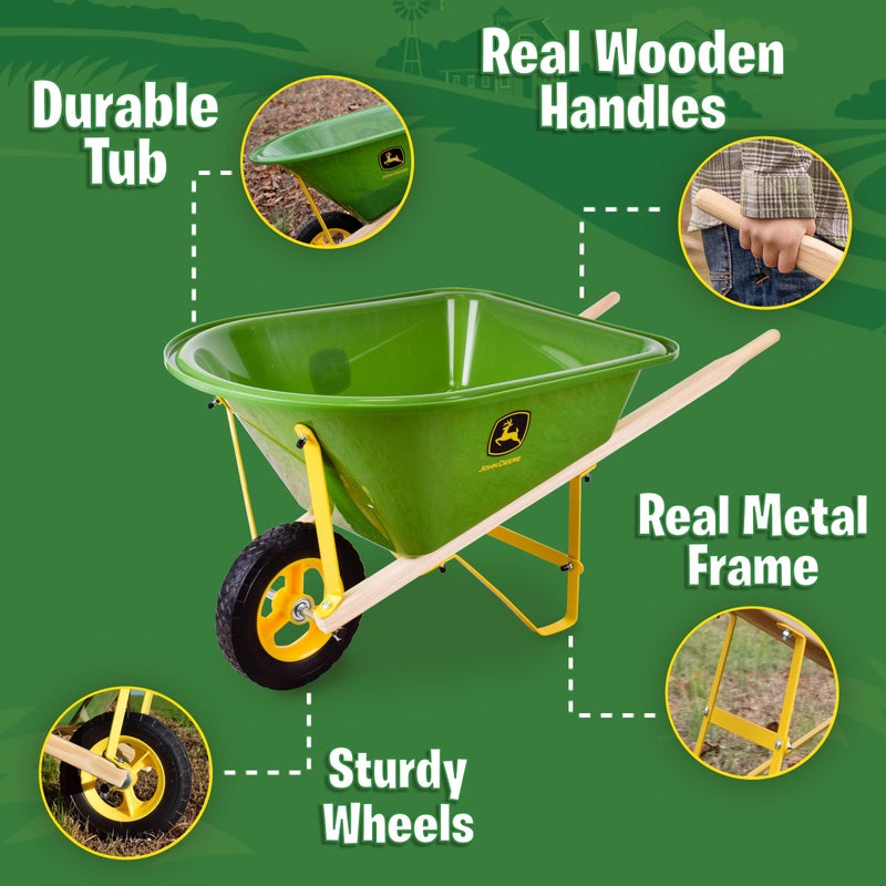 John Deere Deluxe 34" Wheelbarrow and Garden Set Includes 5 Realistic Gardening Tools,Gardening Apron, Gardening Gloves, Large Metal Wheelbarrow with Wooden Handles, Outdoor Toy Ages 5+ - Image 3