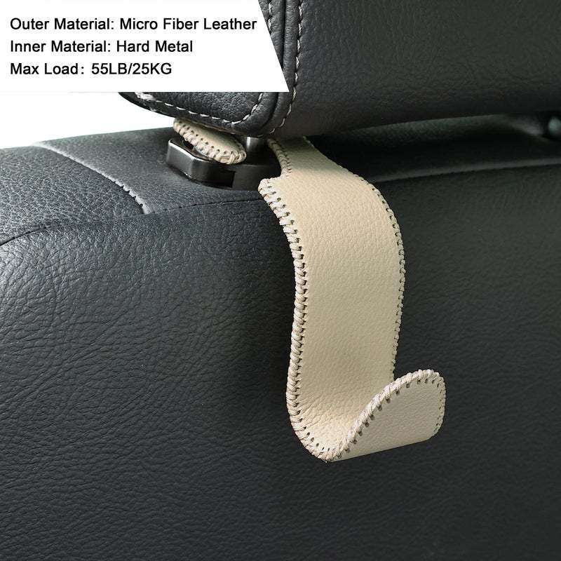 Amooca Car Seat Headrest Hook 4 Pack Metal Core Hanger Universal Car Storage Organizer for Handbag Purse Coat S Type Leather Beige - Image 5