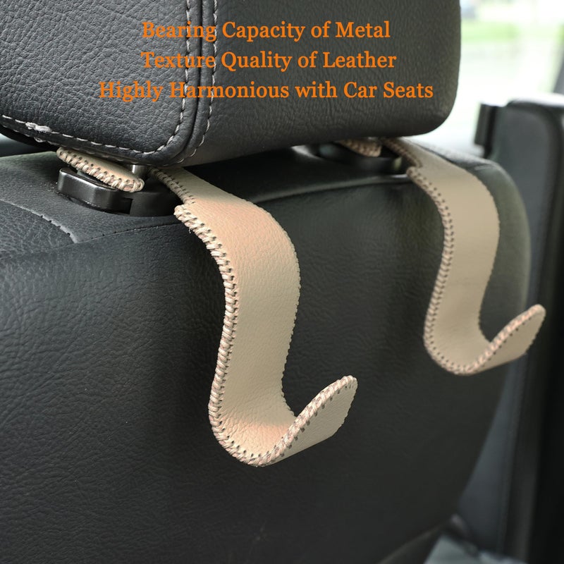 Amooca Car Seat Headrest Hook 4 Pack Metal Core Hanger Universal Car Storage Organizer for Handbag Purse Coat S Type Leather Beige - Image 4