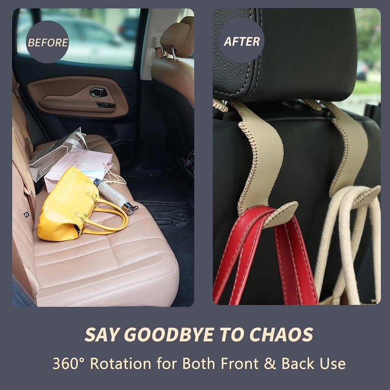 Amooca Car Seat Headrest Hook 4 Pack Metal Core Hanger Universal Car Storage Organizer for Handbag Purse Coat S Type Leather Beige - Image 3