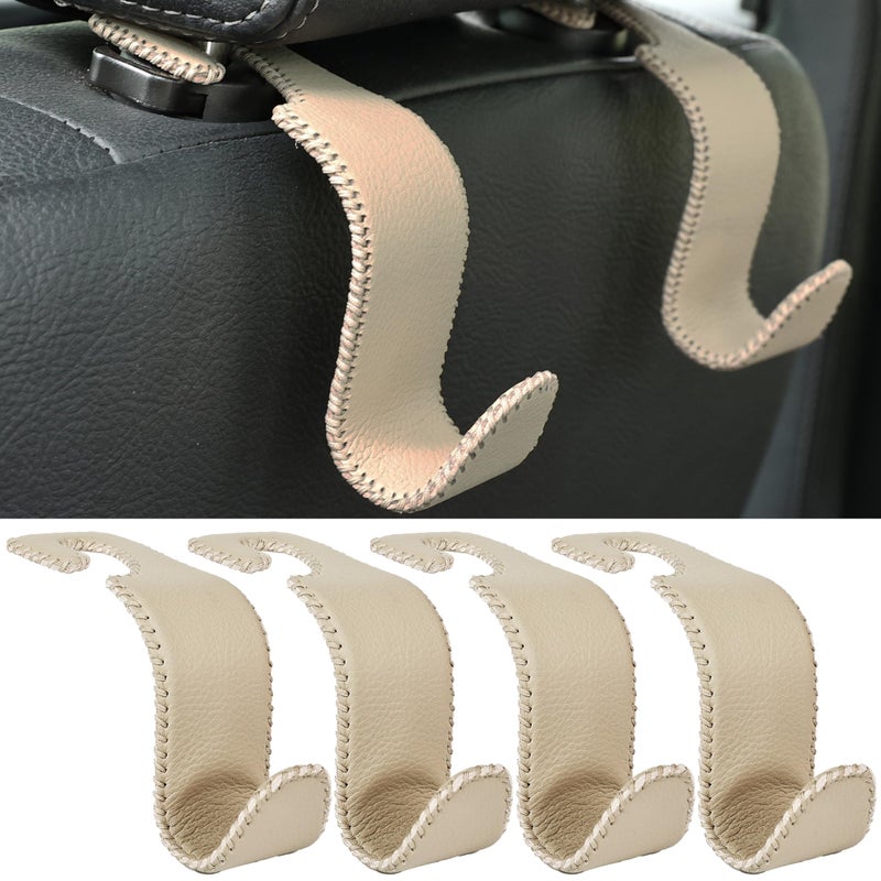 Amooca Car Seat Headrest Hook 4 Pack Metal Core Hanger Universal Car Storage Organizer for Handbag Purse Coat S Type Leather Beige - Image 1