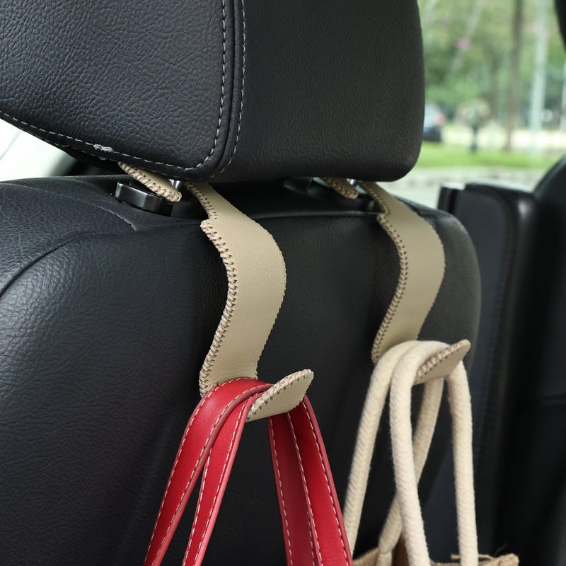 Amooca Car Seat Headrest Hook 4 Pack Metal Core Hanger Universal Car Storage Organizer for Handbag Purse Coat S Type Leather Beige - Image 2
