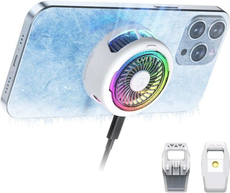كاست ويف مبرد الهاتف المحمول المغناطيسي Black Shark FunCooler 5 للألعاب، مروحة تبريد محمولة للهاتف مع إضاءة RGB، مشعاع للهاتف المحمول لسلسلة iPhone المغناطيسية/Android/التابلت/iPad (أبيض) - Image 1