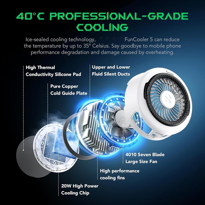 كاست ويف مبرد الهاتف المحمول المغناطيسي Black Shark FunCooler 5 للألعاب، مروحة تبريد محمولة للهاتف مع إضاءة RGB، مشعاع للهاتف المحمول لسلسلة iPhone المغناطيسية/Android/التابلت/iPad (أبيض) - Image 4