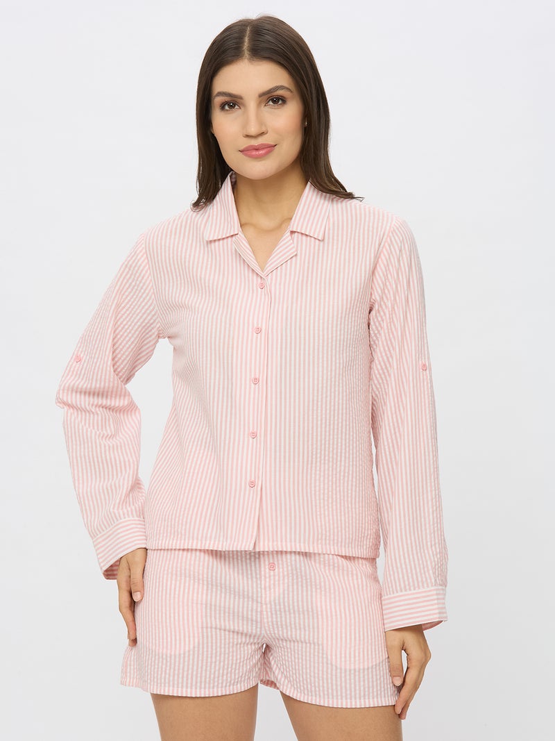 AMMARZO Cotton Seer Sucker Pin Stripe Lounge Set for Women – Lightweight, Breathable Summer Sleepwear with Relaxed Fit Button-Down Shirt & Matching Shorts for Casual Comfort - Image 2