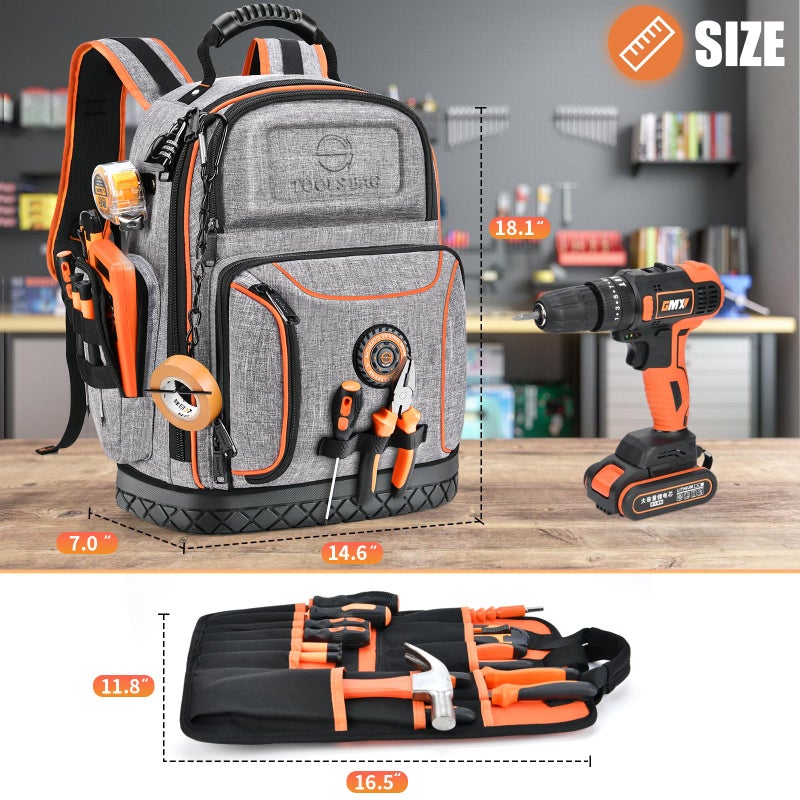LOKASS Tool Bag Backpack, 75 Pockets & Loops Heavy Duty Tools Organizer Bags/HVAC Tool Carrier for Eelectrician/Construction Work with Molded Base and Combination Lock, Large, Grey - Image 4
