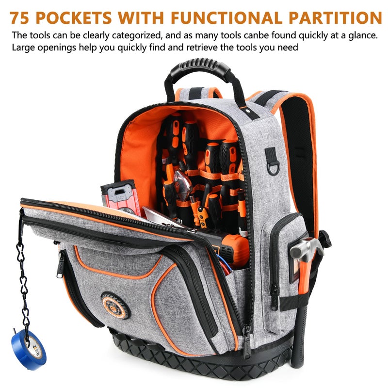 LOKASS Tool Bag Backpack, 75 Pockets & Loops Heavy Duty Tools Organizer Bags/HVAC Tool Carrier for Eelectrician/Construction Work with Molded Base and Combination Lock, Large, Grey - Image 2