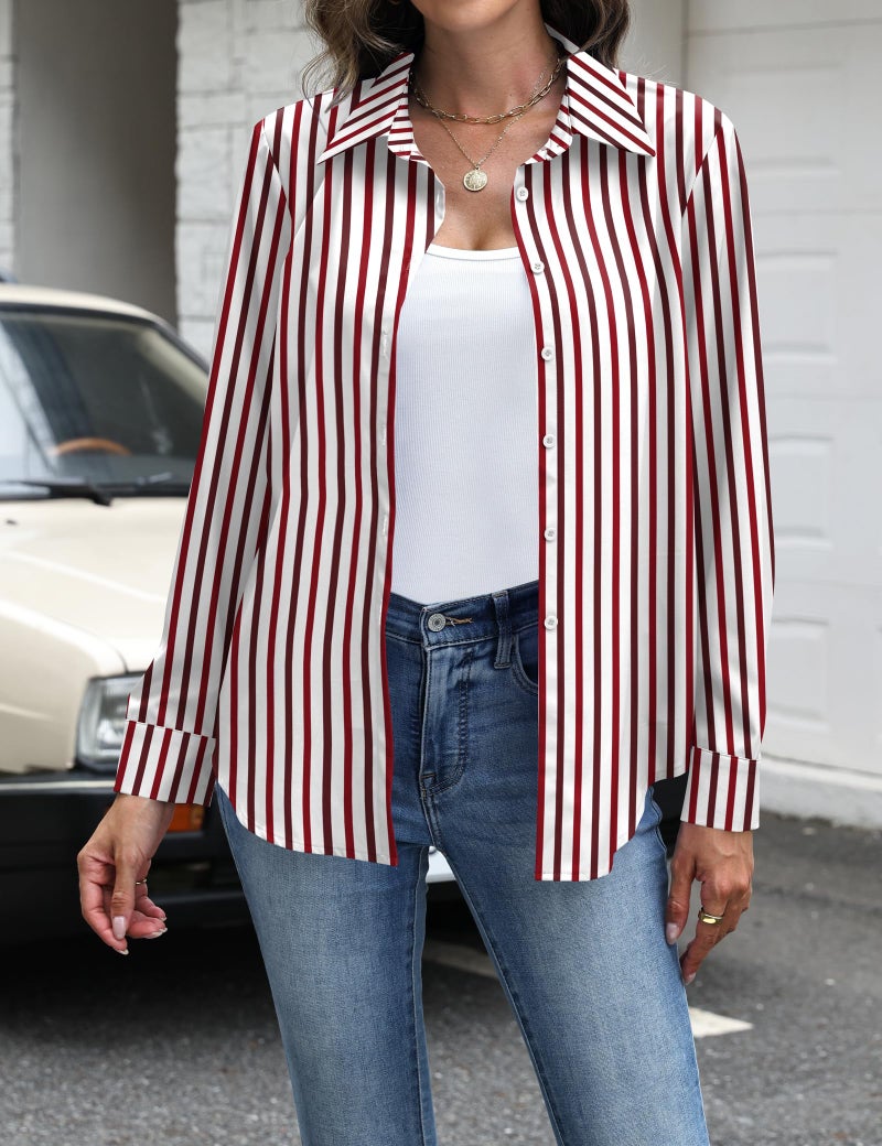 Sarin Mathews Button Down Shirts for Women Dressy Casual Long Sleeve Blouses Printed Collared Business Work Tops WineRed Chocolate Stripes M - Image 5