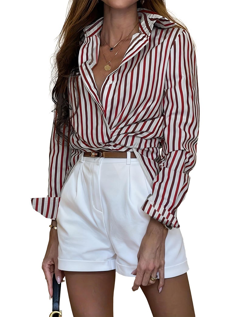 Sarin Mathews Button Down Shirts for Women Dressy Casual Long Sleeve Blouses Printed Collared Business Work Tops WineRed Chocolate Stripes M - Image 1