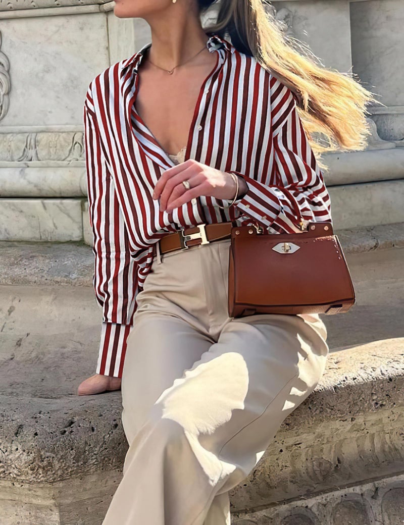 Sarin Mathews Button Down Shirts for Women Dressy Casual Long Sleeve Blouses Printed Collared Business Work Tops WineRed Chocolate Stripes M - Image 2