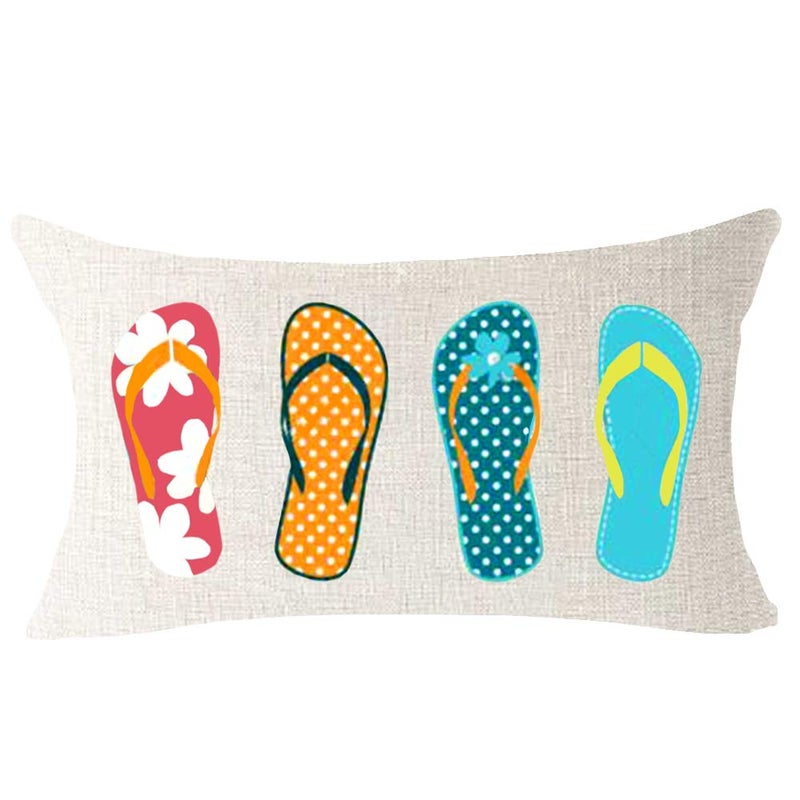FELENIW Different Flip Flop Pattern Dot Flower Blue Flower Summer Gift for Beach Lake Camping Outdoor Throw Pillow Cover Cushion Case Cotton Linen Decorative Lumbar 12x20 inch