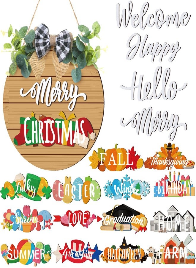 Burbell 20 Pcs Interchangeable Welcome Sign for All Seasons Seasonal Front Door Decor with 4 Sign and 14 Changeable Icons Farmhouse Front Porch Rustic Wooden Door Decor for Christmas(Brown) - Image 1