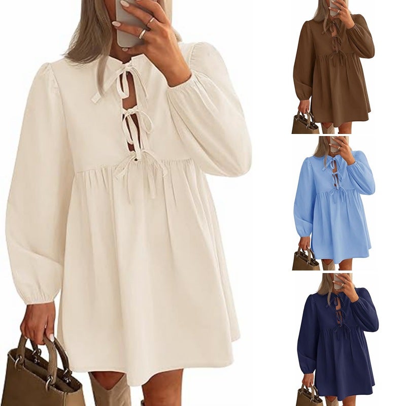 2024 Trendy Lace-Up Doll Dress Pleated Long Sleeve Black - Image 2