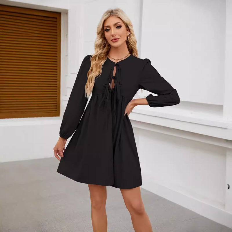 2024 Trendy Lace-Up Doll Dress Pleated Long Sleeve Black - Image 4