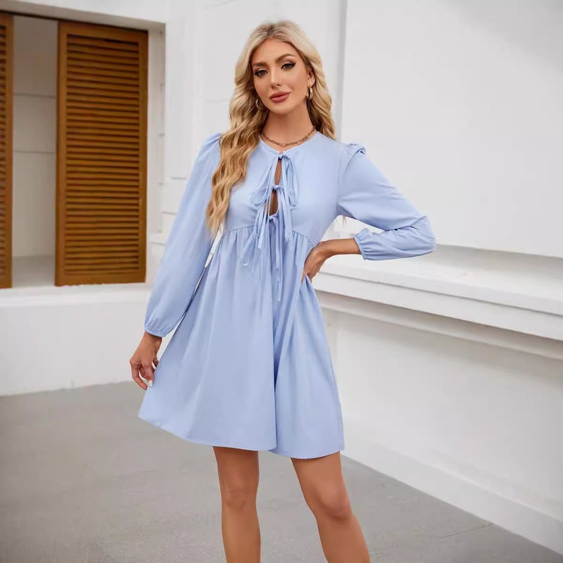 2024 Trendy Lace-Up Doll Dress Pleated Long Sleeve Black - Image 3