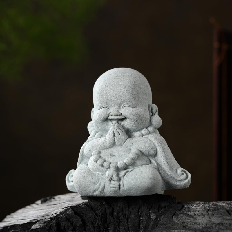 Landical Buddha Sandstone Statues, Zen Monk Praying Statue Sculptures Ornament for Wealth Good Luck Feng Shui Decor Home Office Car Decoration(Prayer Buddha) - Image 1