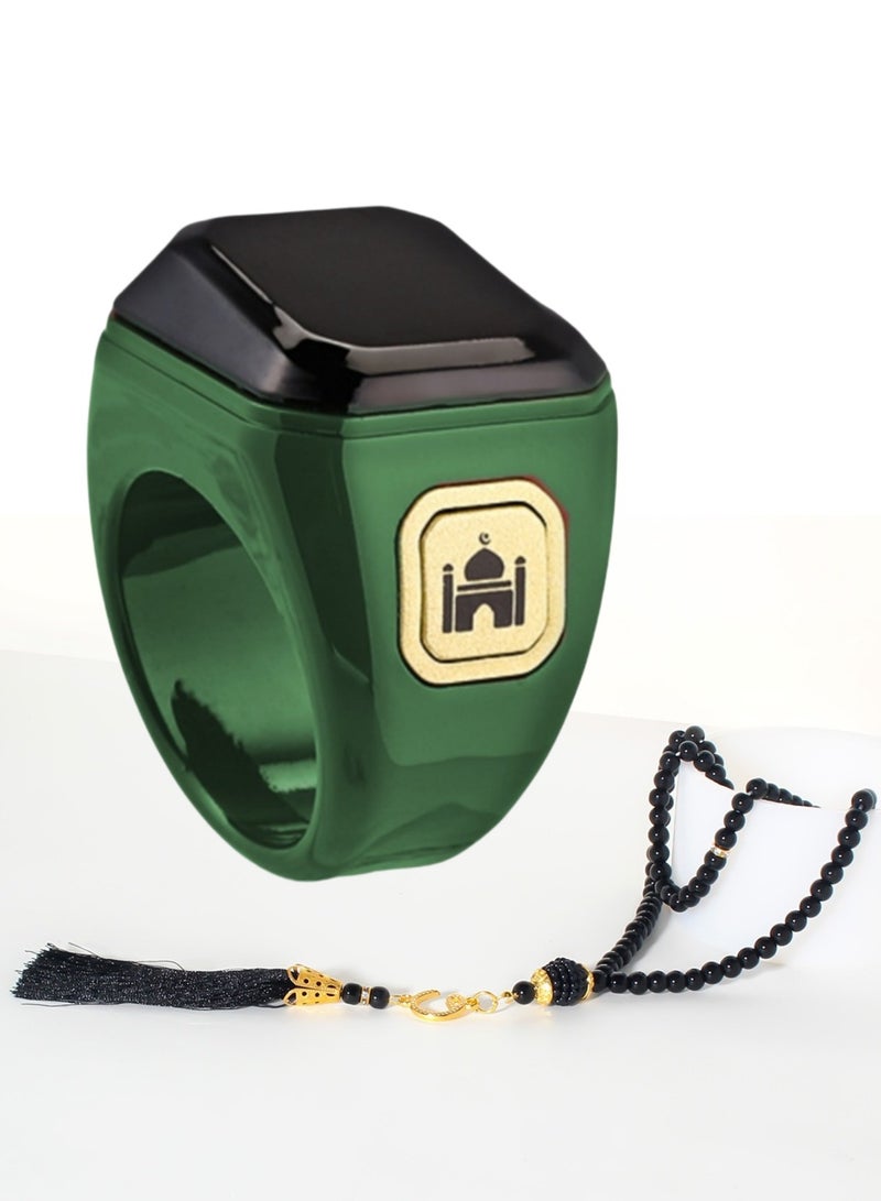 Smart Tasbih Zikr Ring, Prayer Tasbeeh Counter, Muslim Prayer Time Reminder, OLED Display, Wireless Bluetooth Connection App, Waterproof Wearable Device, Including Beads Tasbih, 20mm, Green - Image 1