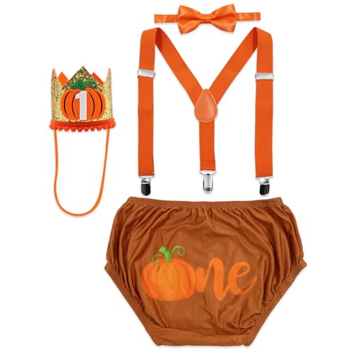 Gicoherero Gicoherero Pumpkin Baby First Birthday Cake Smash Outfit Diaper Cover Adjustable Suspender Bowtie Crown Hat Set of 4 Pumpkin Party Supplies Costume Photo Props for Fall Thanksgiving Christmas