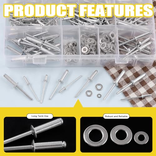 Mardatt 560Pcs Pop Rivets with Washer Assortment Kit Backup Rivet Washers Assortment Kit Pop Rivets Assortment Aluminum Rivets Stainless Steel Washers for Automotive Furniture(Silver) - Image 3