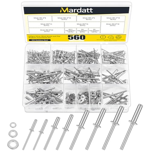 Mardatt 560Pcs Pop Rivets with Washer Assortment Kit Backup Rivet Washers Assortment Kit Pop Rivets Assortment Aluminum Rivets Stainless Steel Washers for Automotive Furniture(Silver) - Image 1