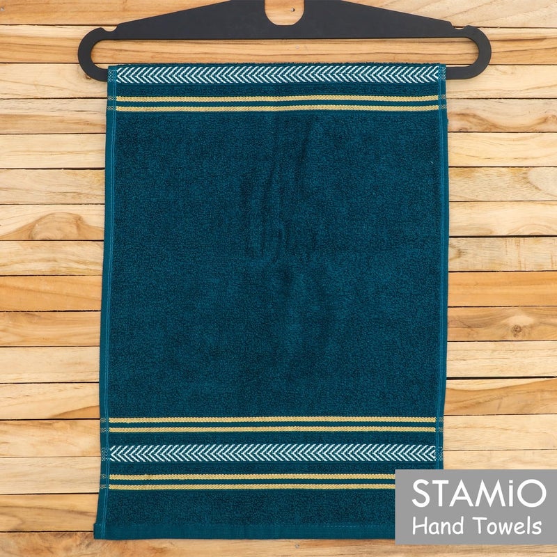 STAMIO مجموعة مناشف يد قطنية STAMIO 390 GSM من 2، 33 × 51 سم للرجال، النساء، الاستخدام المنزلي، الصالة الرياضية، حوض الغسيل | ناعمة، ماصة، سريعة الجفاف، مناشف صغيرة الحجم، مناسبة للسفر | أزرق داكن - Image 5