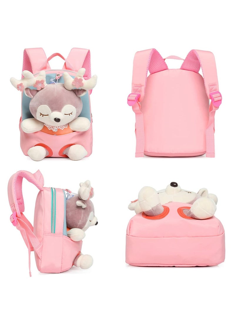 Excefore Little Doll Stuffed Animal kids Plush Backpack, Lovely Toddler Backpack, Cartoon Preschool Purse for Kids, Suitable for  2-6 Years Girl Boy (Pink)  - Image 3