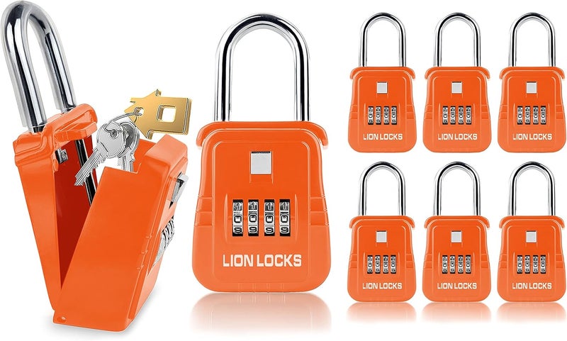 Lion Locks صندوق قفل مفاتيح 1500 برمز، صندوق قفل للمفاتيح في الهواء الطلق، صندوق قفل للوسطاء للإيجارات قصيرة الأجل، يحمل 5 مفاتيح (6 عبوات، برتقالي) - Image 1